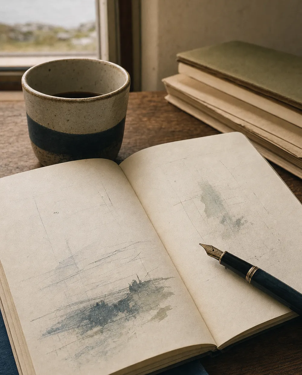 A close-up of an open notebook, a pen, and a coffee cup on a warm desk