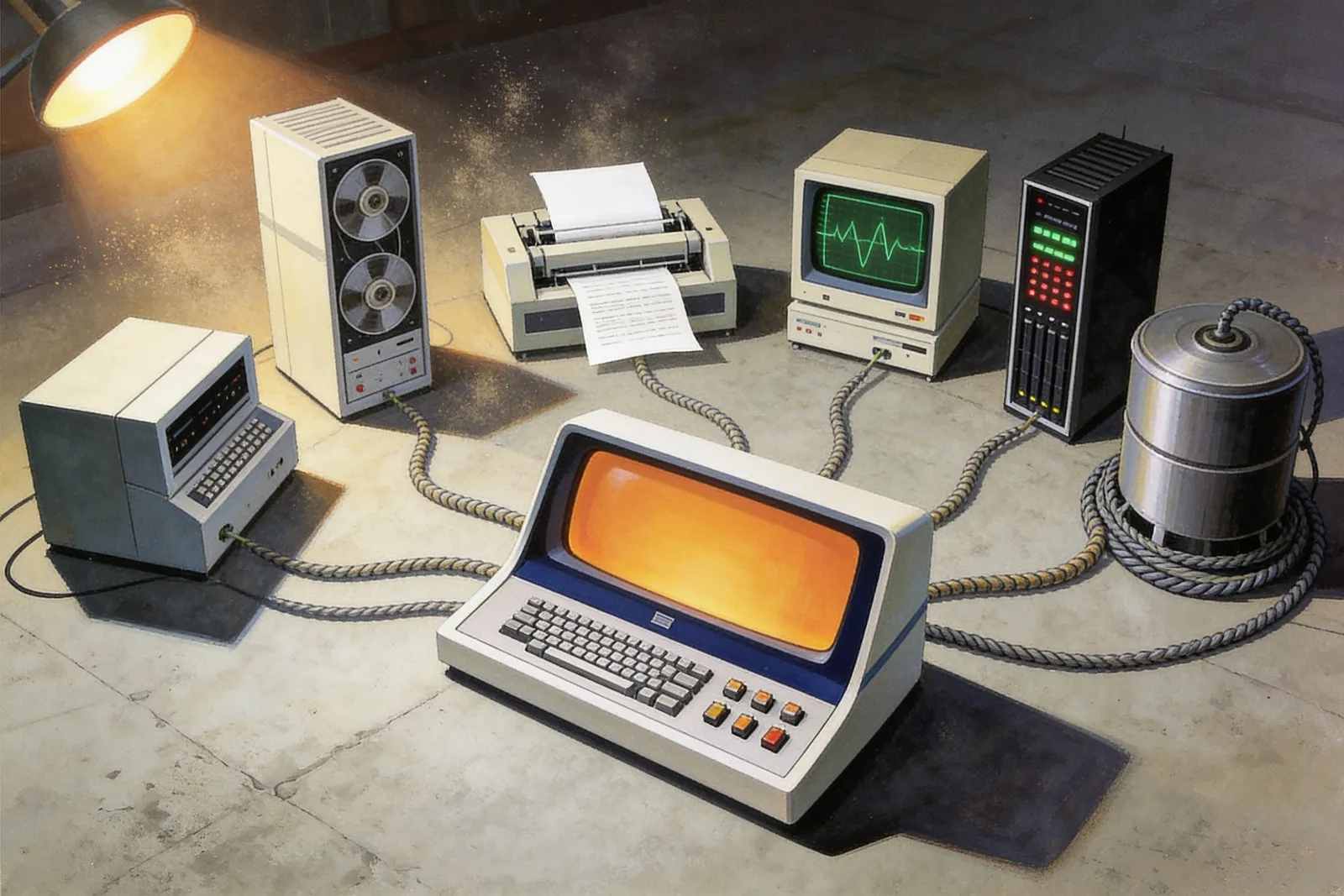 A painted retro-computing scene of several distinct specialised machines arranged around a central console, each working on a different part of the same task, joined by cables to the console.