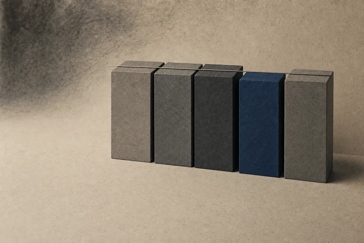 A row of blocks of almost equal height with a fine measuring line across their tops, one block fractionally shorter.
