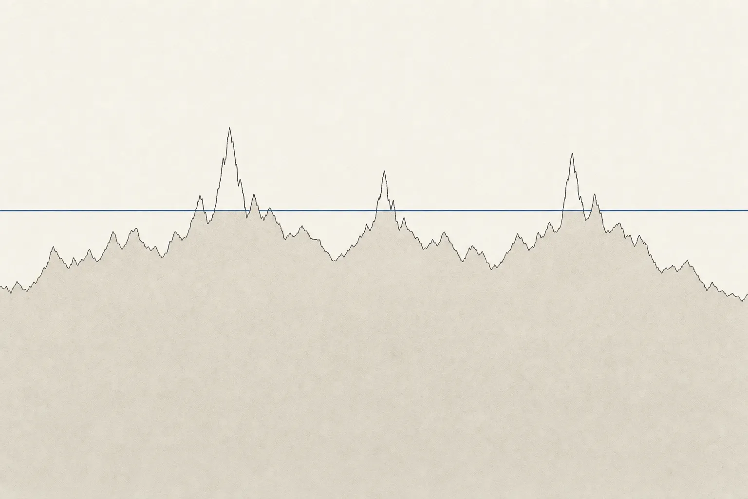 An abstract elevation profile of a jagged ridgeline crossed by a single horizontal line; most of the terrain sits below the line, with a few sharp peaks rising above it.
