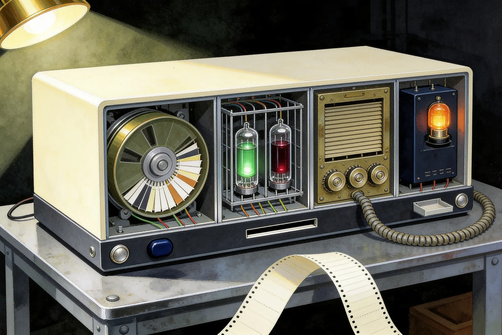 A painted retro dispatch console with its cover removed to reveal four distinct internal modules, while punched paper evidence tape emerges from the front.