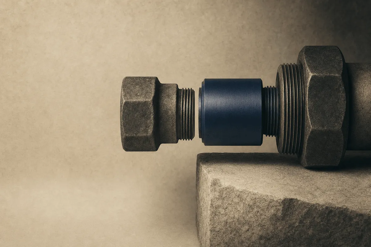 Two mechanical fittings with mismatched threads joined by a single precise machined adapter sleeve.