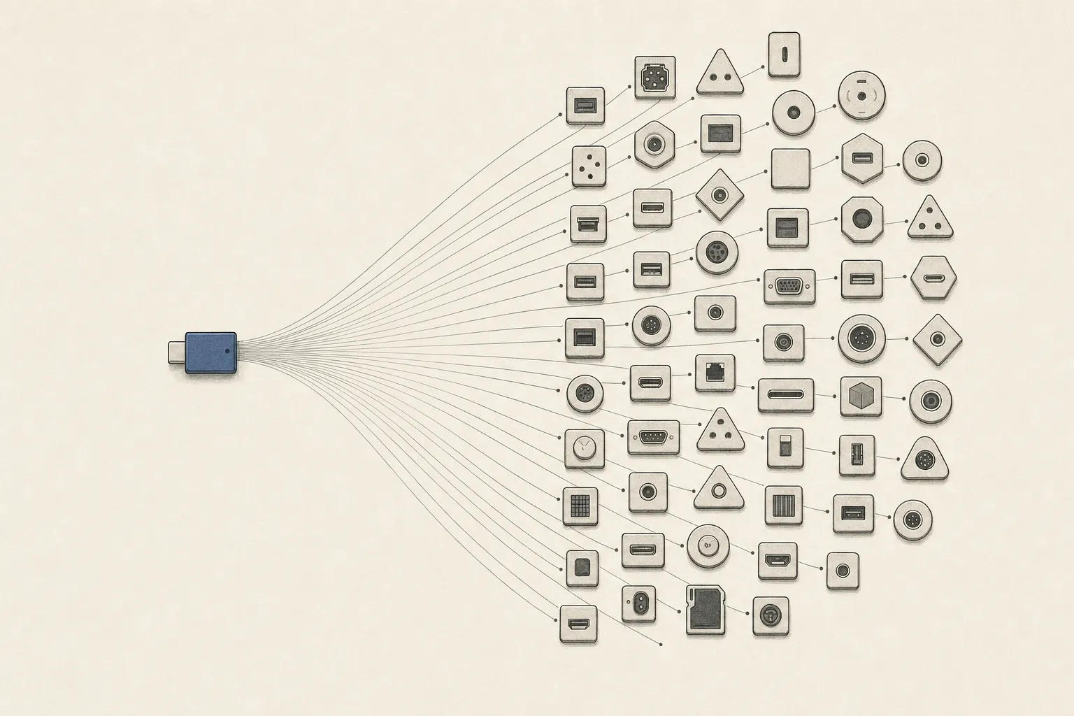 A single small adapter on the left fanning out to a large array of many different tool-shapes on the right.