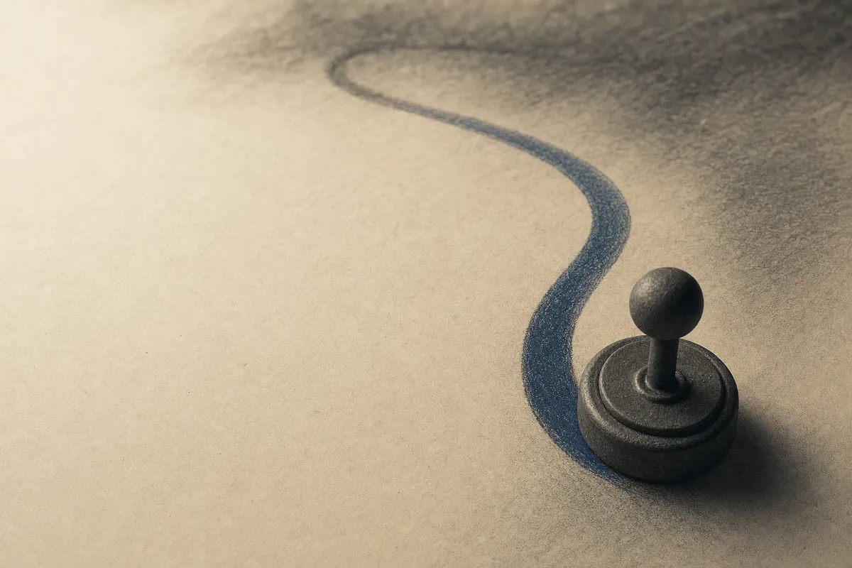 A single curved path traced across a calm surface beside one tactile control base, the path fading at its far end.
