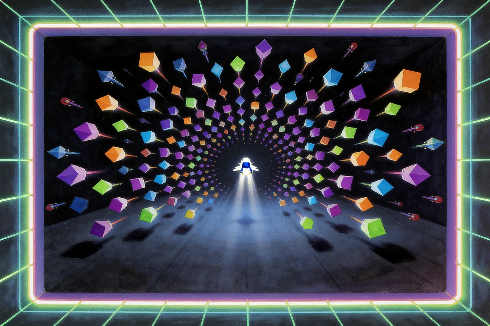 A top-down neon arena with a dense swarm of varied geometric enemies converging on a single bright craft at the centre.