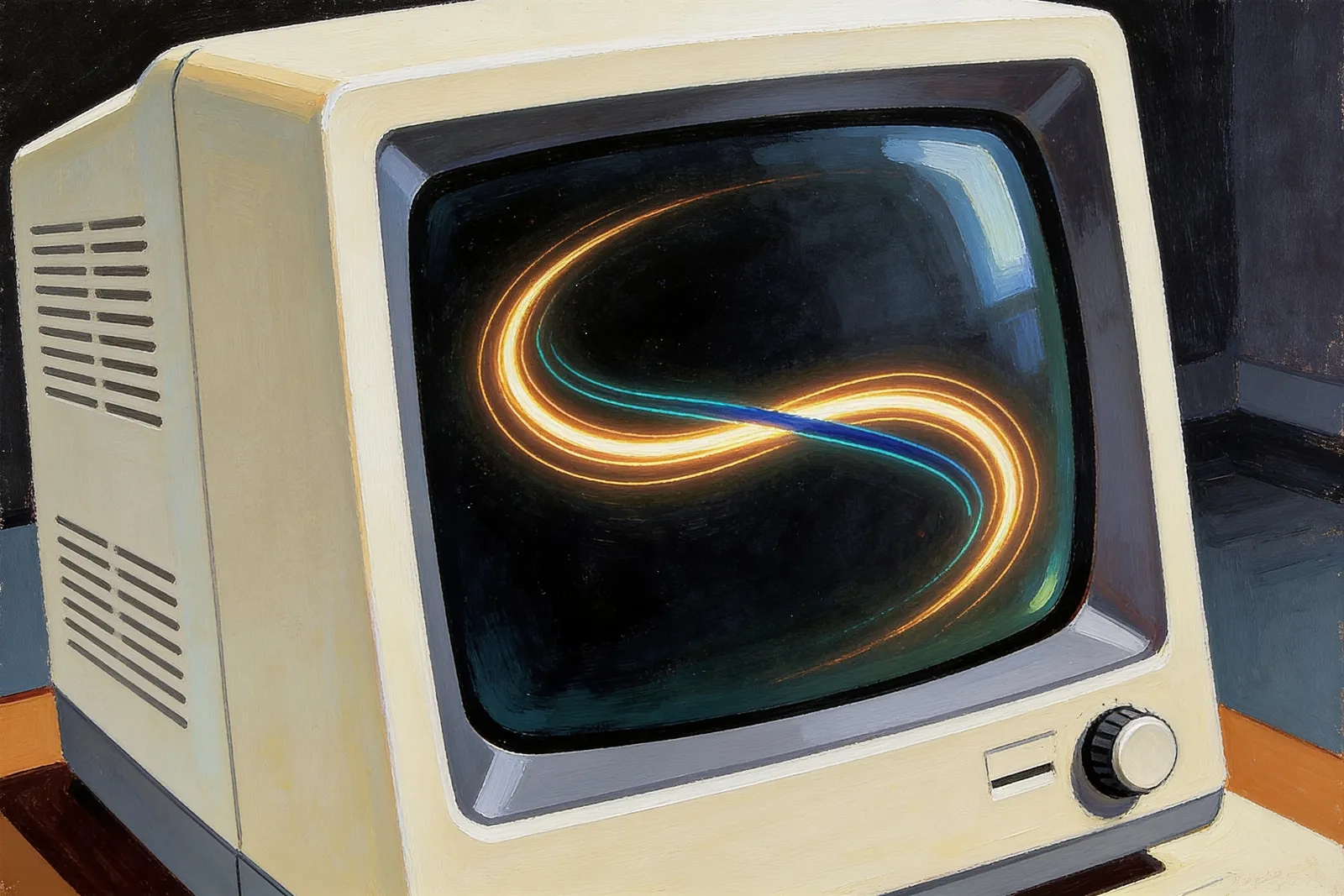 A single bright curved trail arcing across a dark convex CRT screen, rendered as vintage computing cover art.