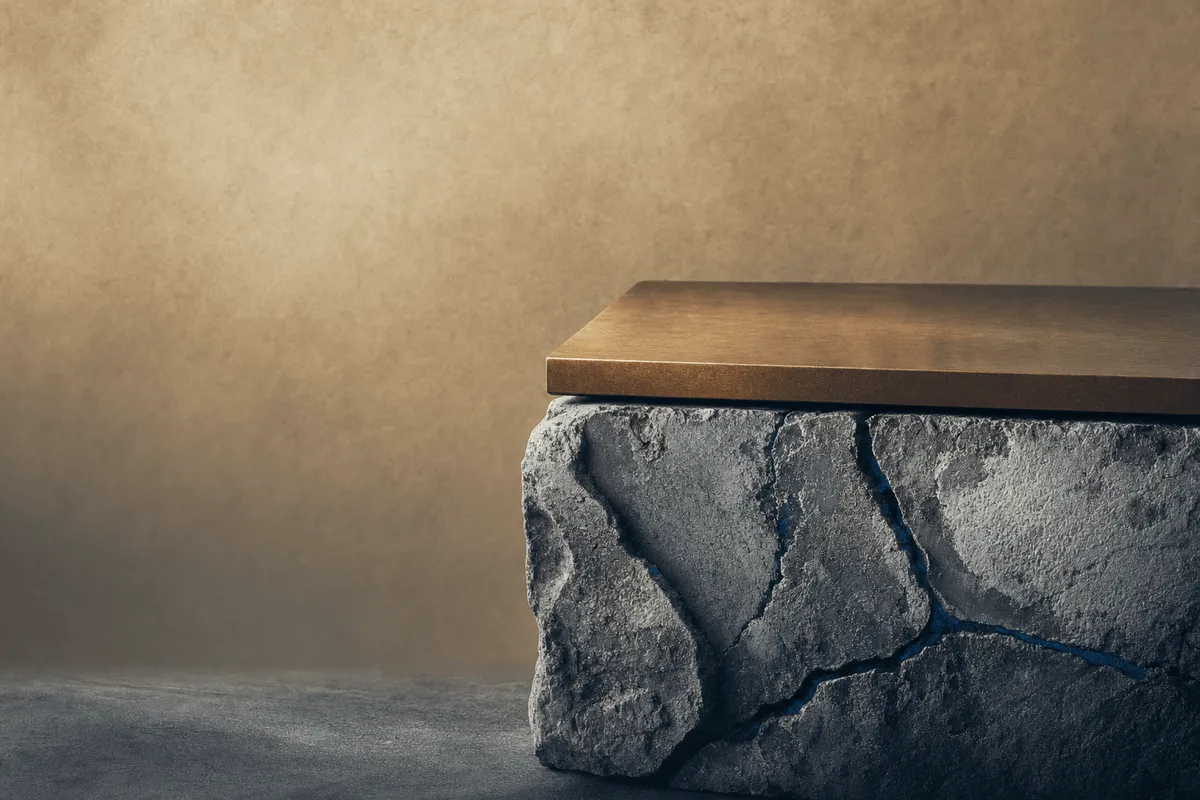 A smooth warm lacquered plane resting on a cracked, frost-touched cold stone base.