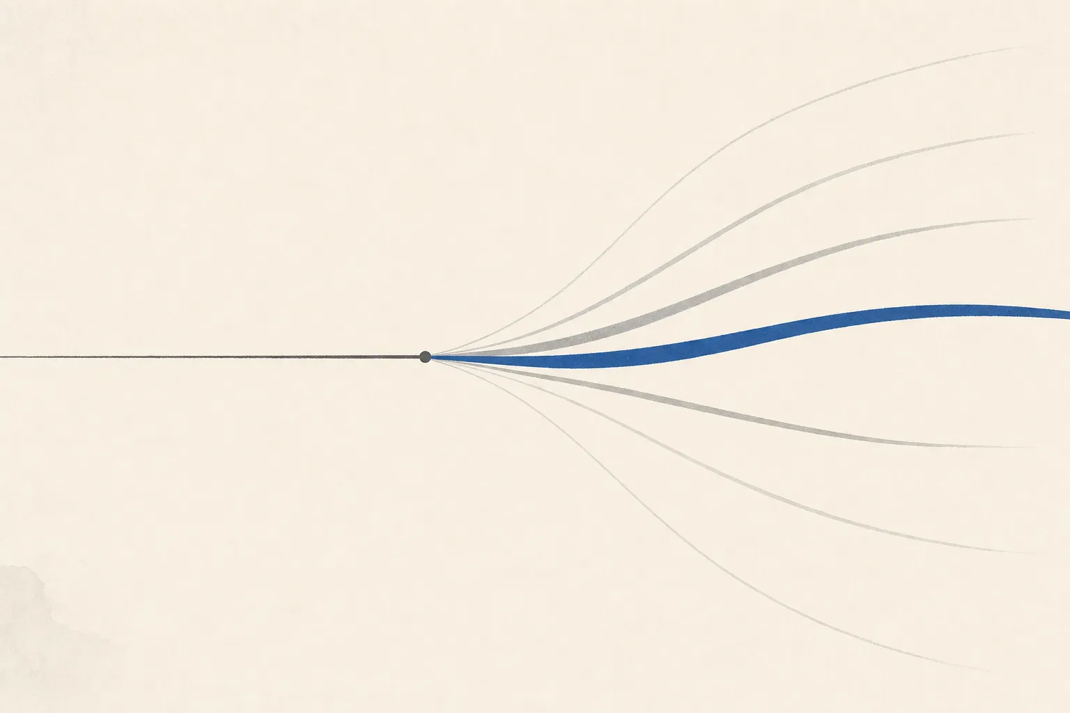 A single horizontal line arriving from the left at a point, then fanning out to the right into several thin branches of different thicknesses, with the thickest branch picked out in a darker tone.