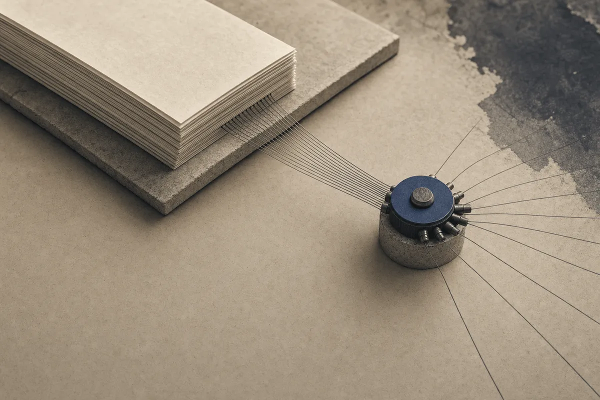 A tidy stack of plain note-cards feeding by fine lines into a small mechanical distribution hub.