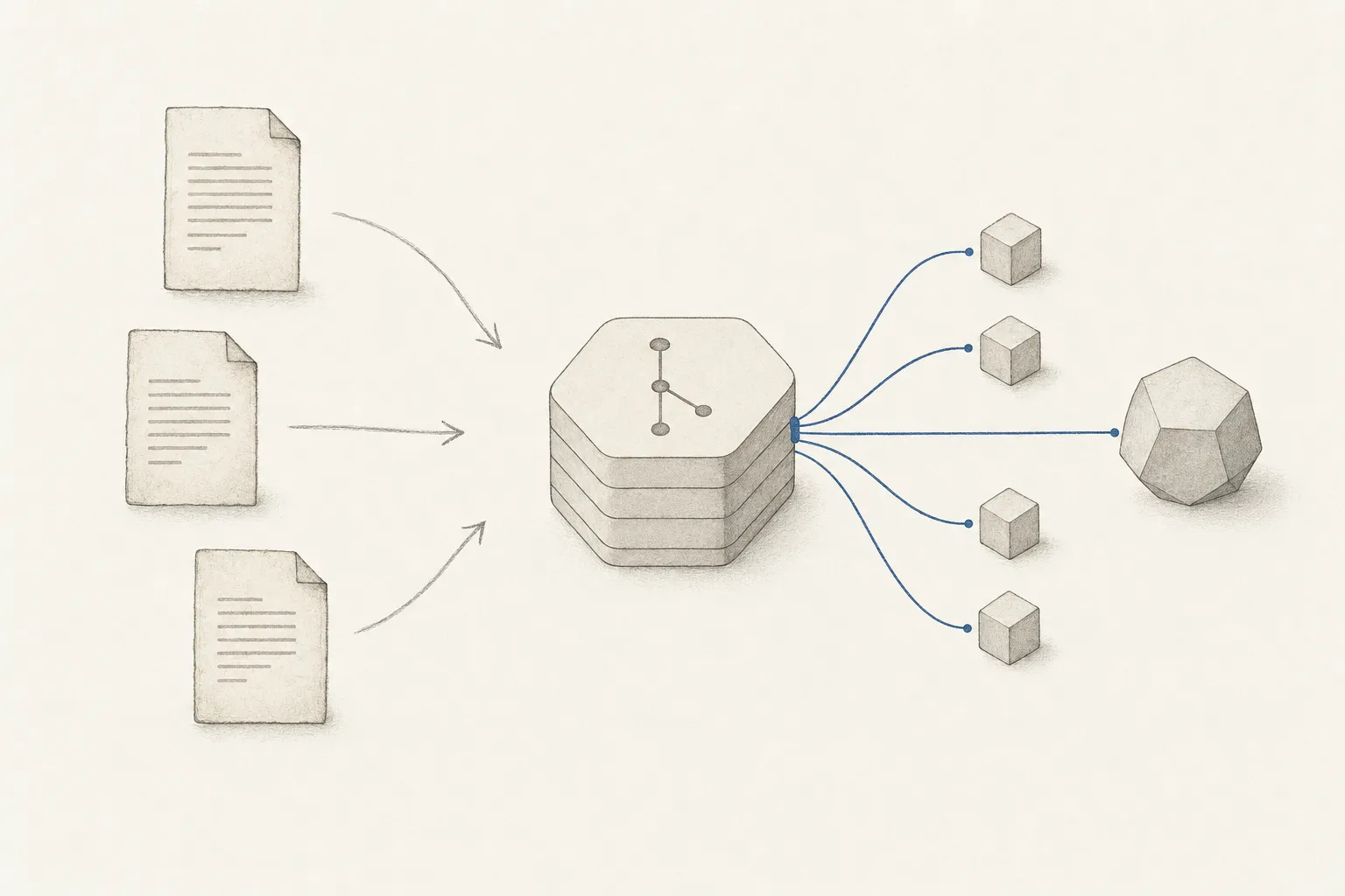 Plain text note pages on the left resolving into a shared, programmable store that both a person and a fleet of small agents reach into.