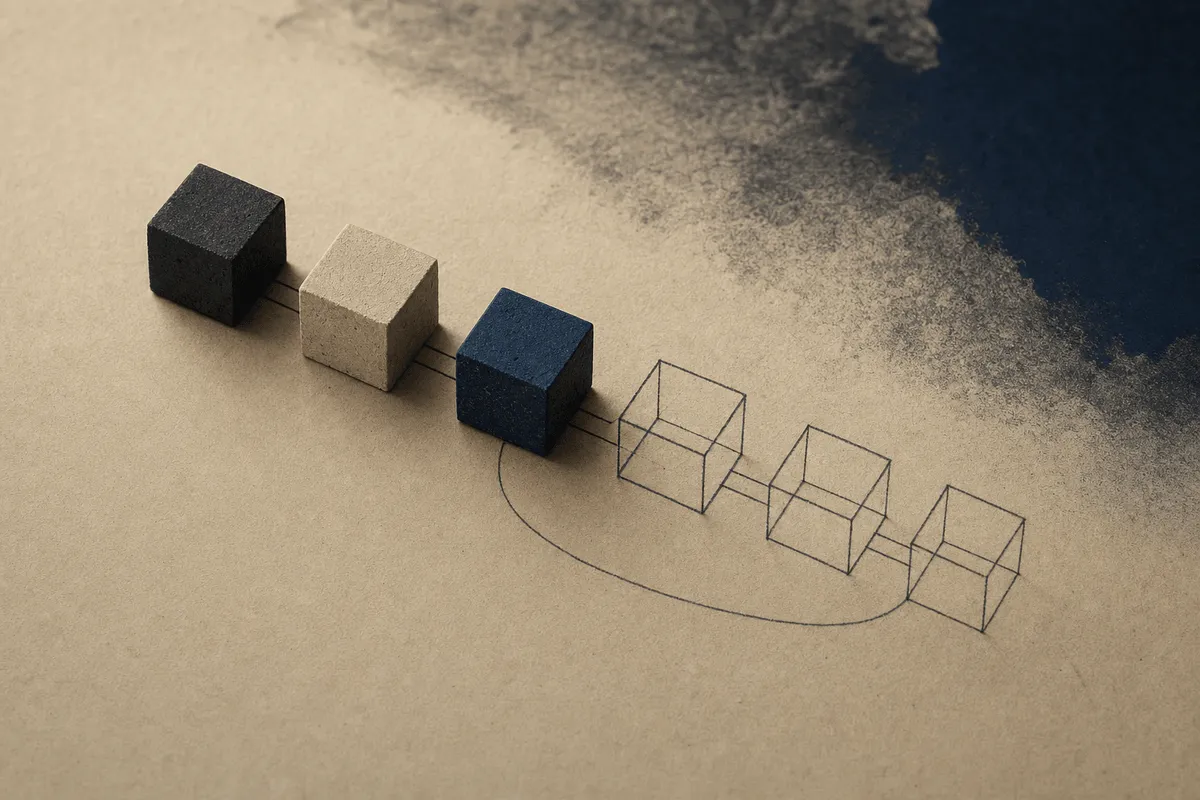 A row of small control blocks, some solid and some drawn as empty outlines, joined by fine connector lines on warm paper.