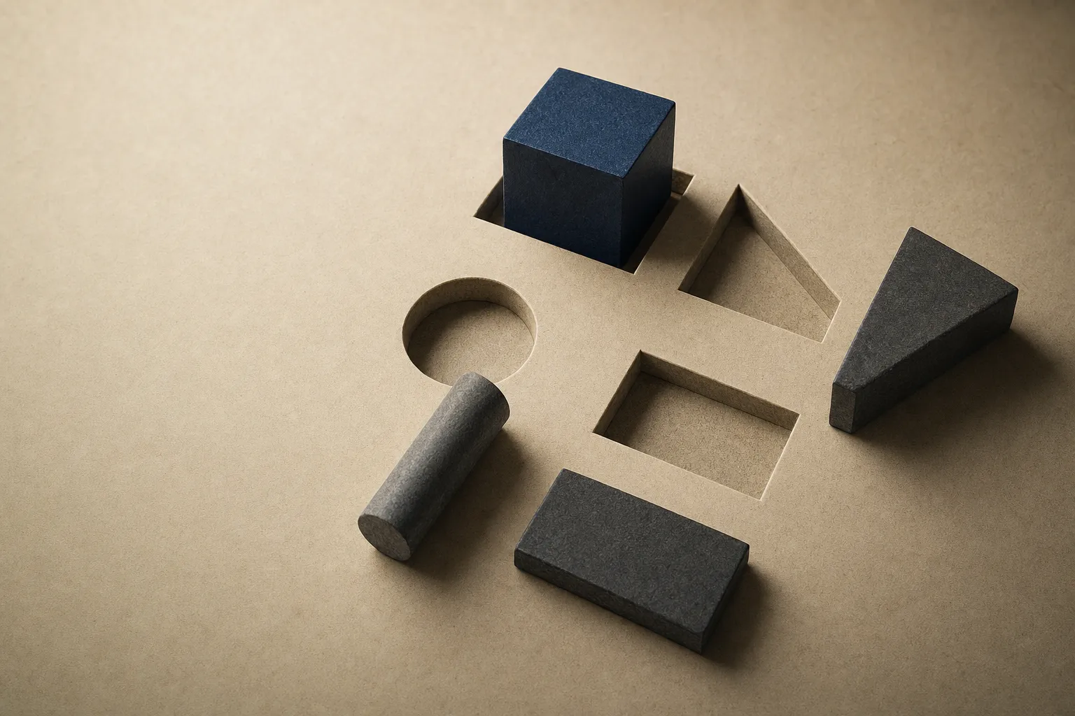 A set of distinctly shaped solid forms resting beside matching recesses, with one form seated exactly into the recess cut for it.