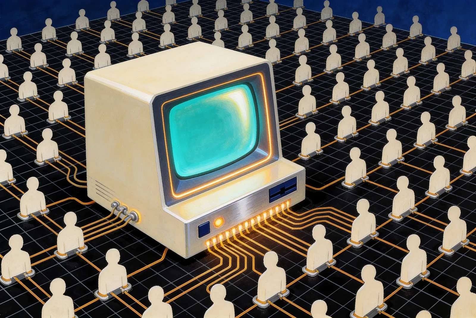 A retro computer-magazine style illustration of many small identical faceless silhouettes wired into one glowing central processor.