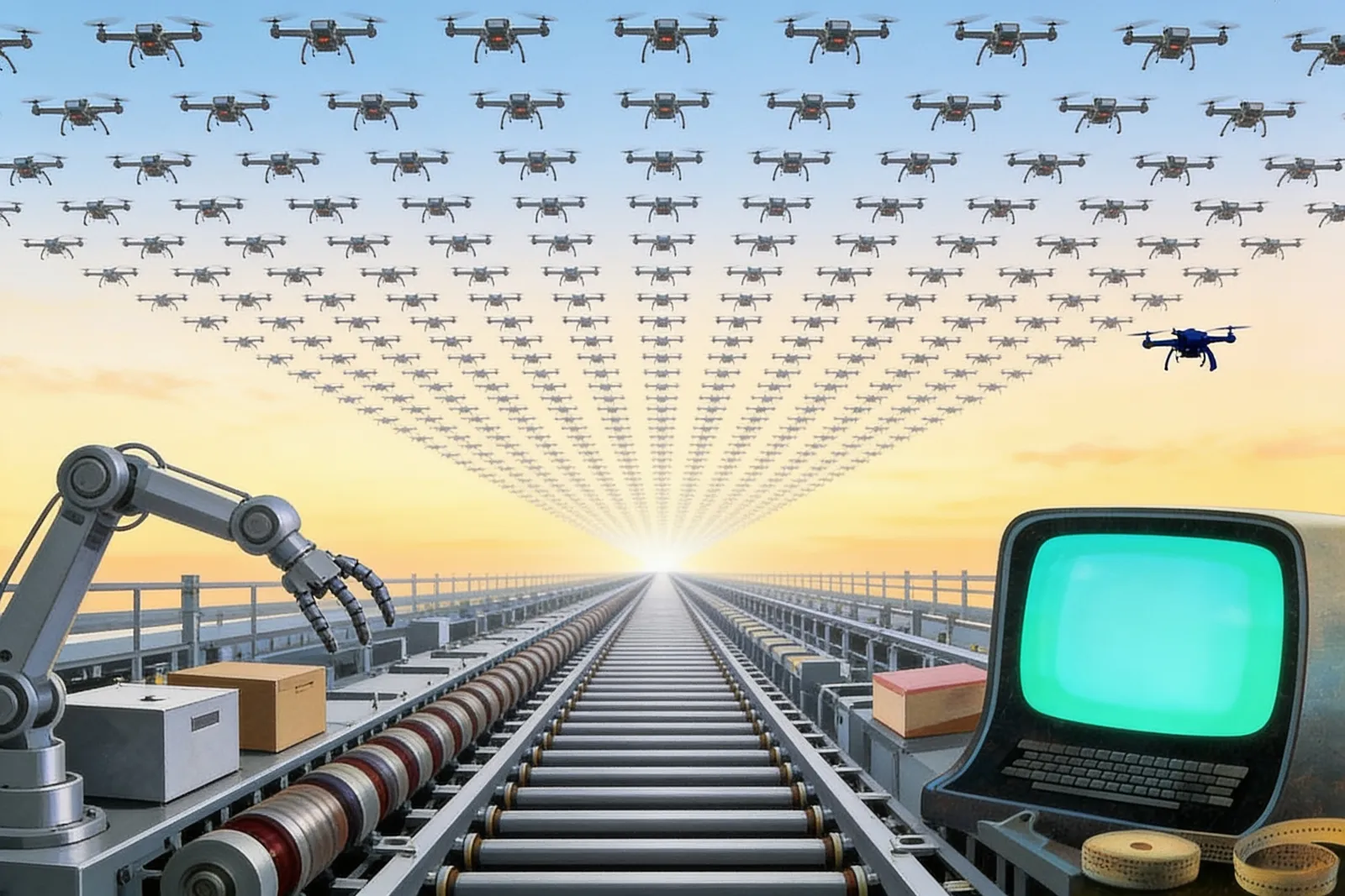 A retro magazine illustration of a vast orderly swarm of small identical autonomous drones launching from a factory line, with no human figures anywhere.