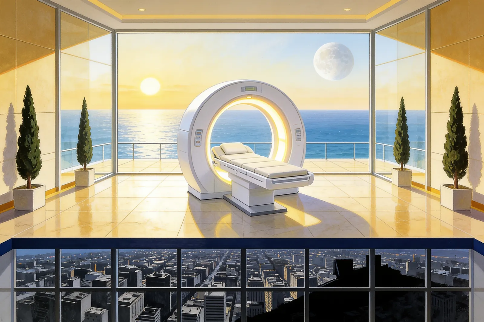 A sleek Med-Bay healing pod in an exclusive glass-walled suite overlooking a terrace, a dark city sealed out far below.