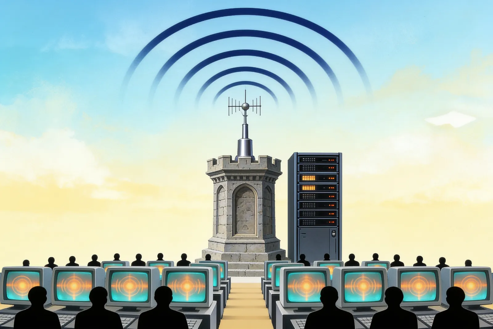 A retro magazine illustration of a raised pulpit fused with a broadcast tower and server rack, sending one signal over a crowd of faceless silhouettes and CRT screens.