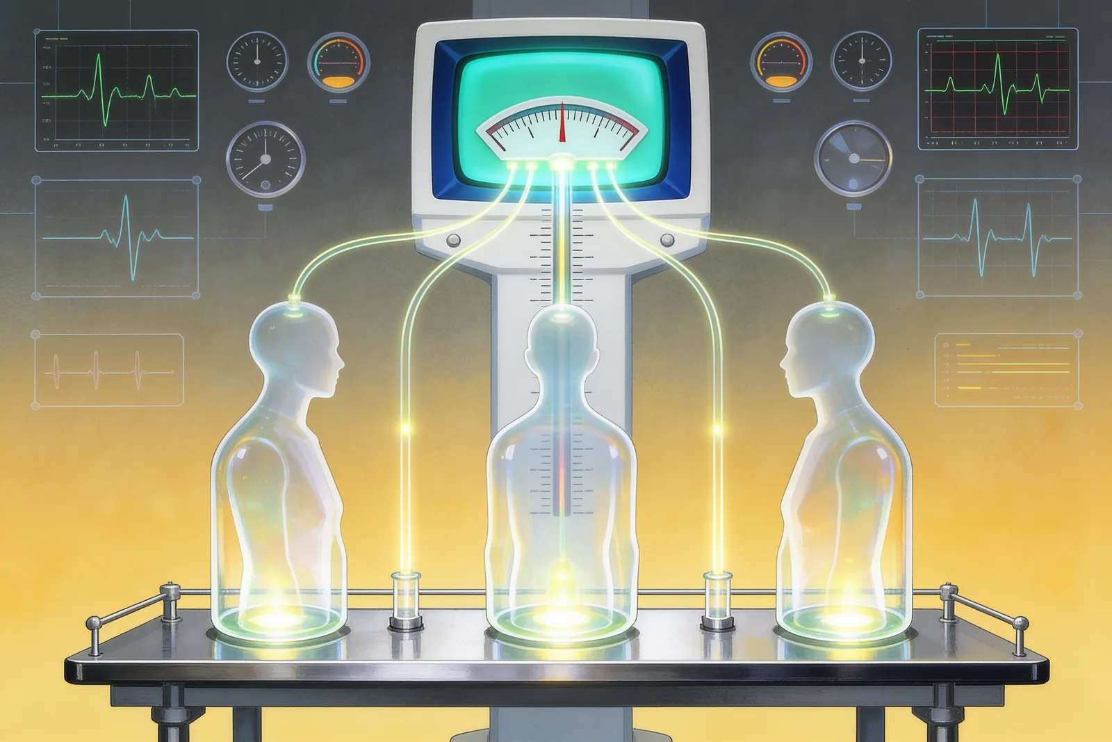 A retro magazine illustration of three abstract faceless human silhouettes connected by glowing tubes, with flow rising toward a central instrument cluster.