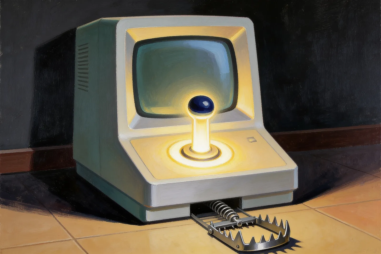 A glowing retro control console with an inviting lever, and a concealed snare on the floor in front of it.