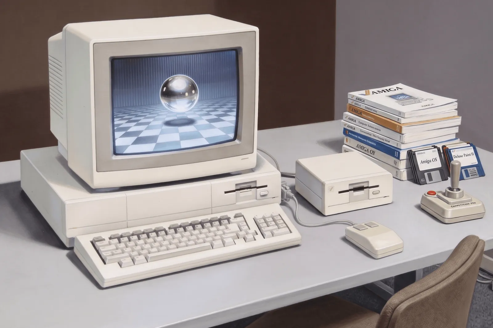 An Amiga 1000 on a desk showing a raytraced chrome sphere on its CRT, beside an external floppy drive, a tank mouse, a stack of software boxes, and a joystick.