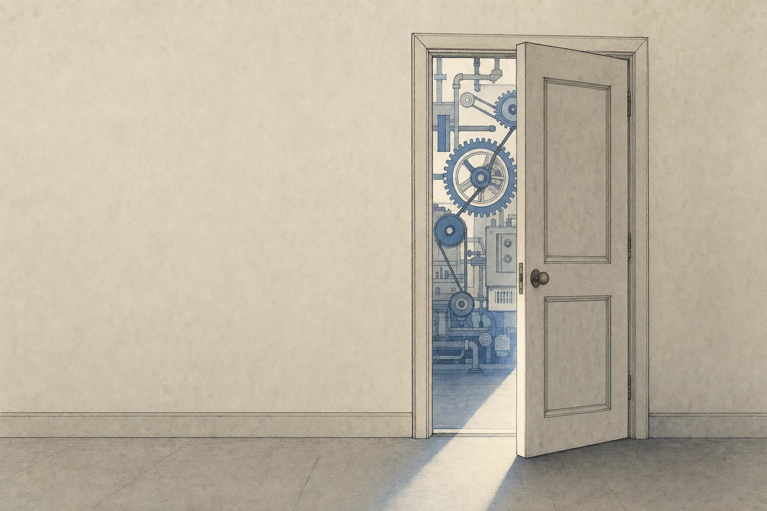 A side door ajar onto a glimpse of orderly working machinery.