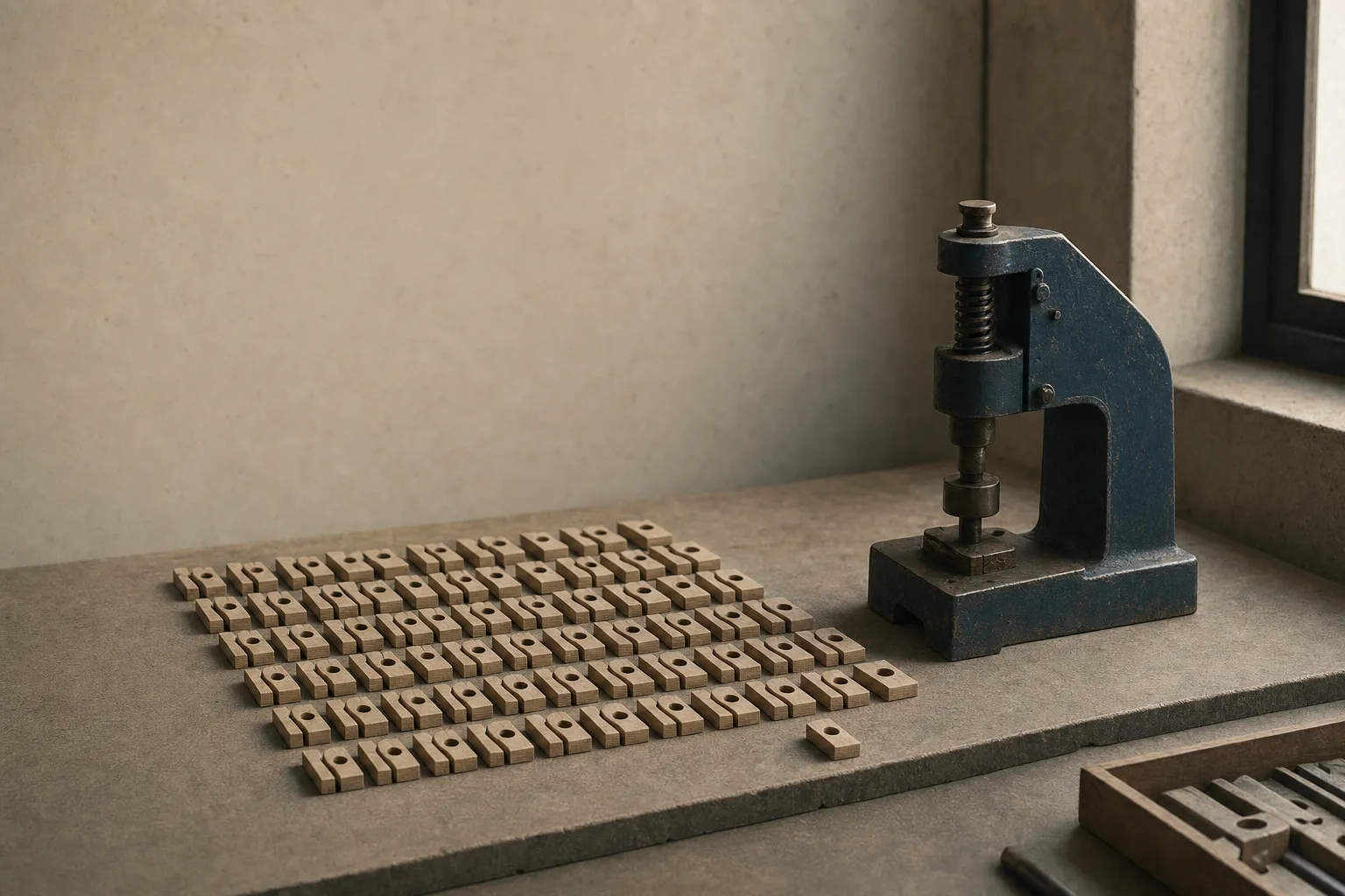 Rows of identical carved components on a workbench beside the small stamping press that could have produced them.