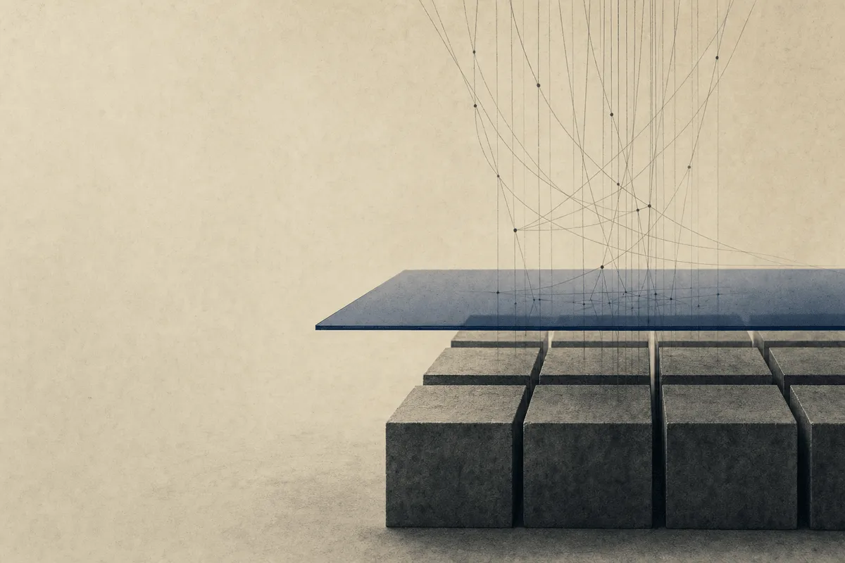 A translucent horizontal pane held between an ordered grid of blocks below and a fine inquiring line above.