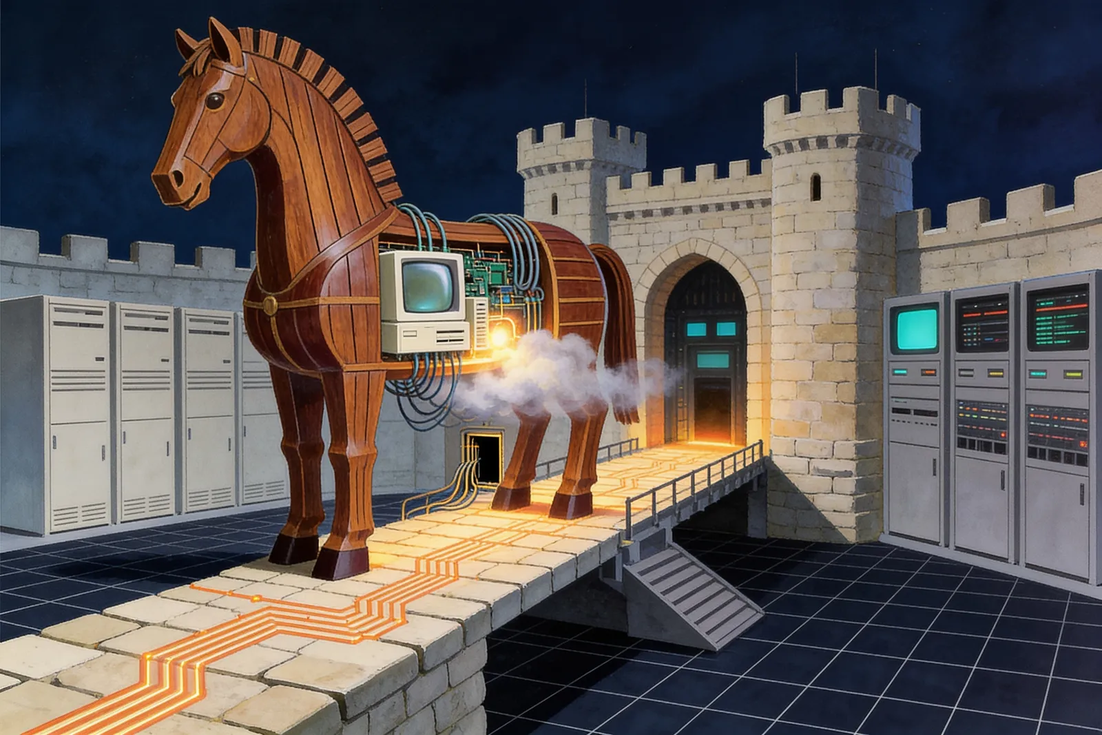 A BYTE-style retro computing illustration of a Trojan horse built from server racks and cloud infrastructure rolling through an open castle gate.