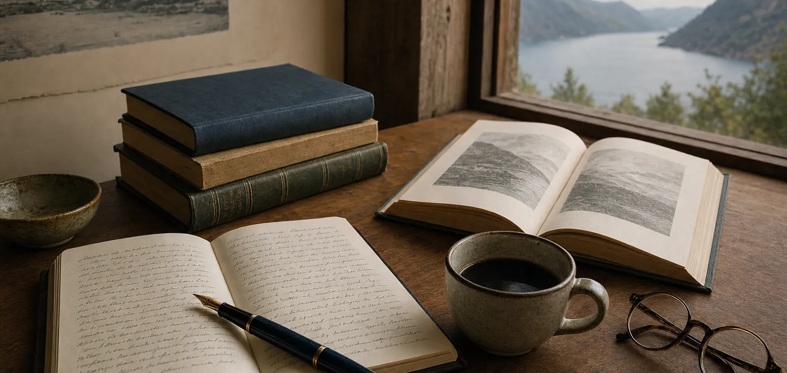 A writer's desk still life: a stack of books, an open journal, a fountain pen, and a coffee cup in warm light